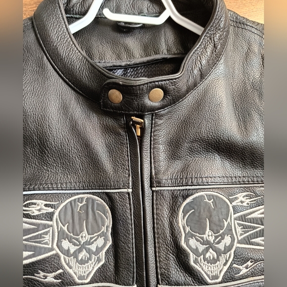 L/XL🖤Vtg.Moto Biker Heavy Black Leather Bomber Jacket Reflective  Skull Design - Picture 9 of 14